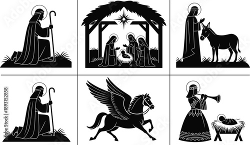 Flat vector nativity panel illustration, baby Jesus, Mary, Joseph, shepherds, angel, mythical Pegasus, Christmas religious scene, black silhouette design