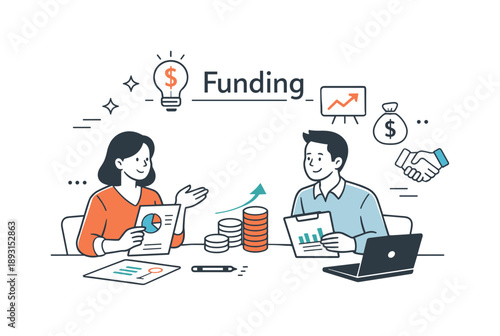 Entrepreneurs Discuss Funding. Startup funding concept. Entrepreneurs discussing investment documents and charts at a table, calm and professional interaction.