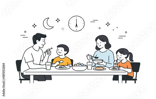 Family Dinner Harmony. Family evening routine. Family seated together at dinner after a long day, soft lighting and relaxed posture. Editorial illustration