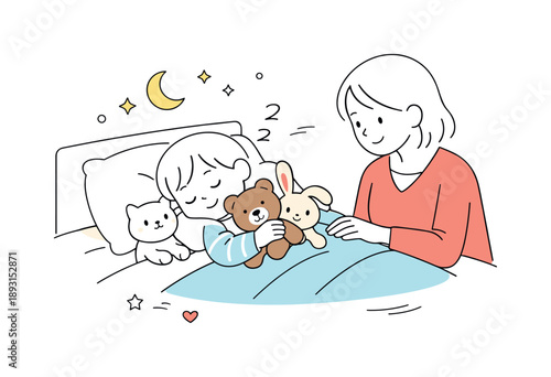 Peaceful Bedtime Scene. Nighttime comfort. Child lying in bed with stuffed animals and soft blankets, parent nearby for reassurance, capturing a gentle and