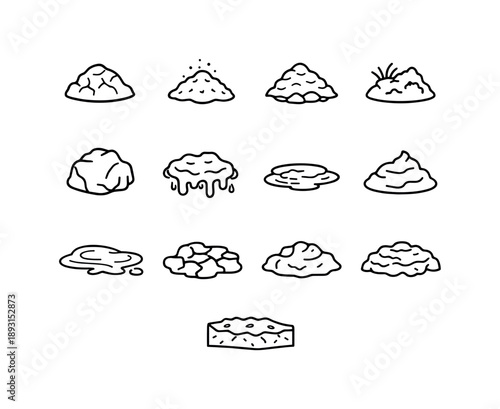 Mud Icons Set. Mud Types. Line icon set of Mud Types: clay mud, silt mud, sandy mud, peat mud, loamy mud, wet clay lump, sticky sludge mud, watery mud, thick