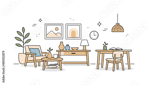 Scandinavian Minimalist Interior. Scandinavian interior elements. A calm room layout featuring light wooden furniture, neutral textiles, and simple decor like