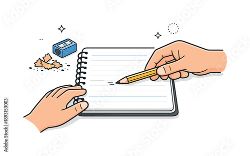 Pencil and Notebook. Sharpening pencils ? start of work. Person placing a freshly sharpened pencil on a notebook, ready to begin. Gentle sense of anticipation