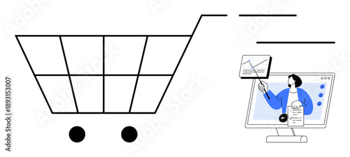 E-commerce concept. E-commerce through a shopping cart and an online presentation on a screen. E-commerce reshaping modern shopping and digital transactions. For retail, online business
