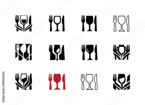 Food and Wine Icons. Food and wine festivals. Icon set. Set Logo of food and wine festivals: fork, knife, and wine glass emblem. harmonious logo variations of