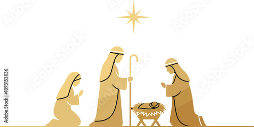 Flat vector nativity scene illustration, baby Jesus in manger, Mary, Joseph, shepherd, star of Bethlehem, prayer pose, gold silhouette