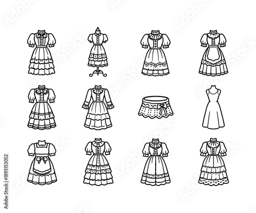 Vintage Lace Dress Icons. Vintage Lace Dress. Line icon set of Vintage Lace Dress: retro lace gown, puff sleeves, high collar lace, ankle length dress, button