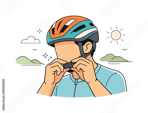 Cyclist Helmet Preparation. A cyclist adjusting their helmet before a long ride in nature ? preparation moment. Close-up editorial scene of hands securing a