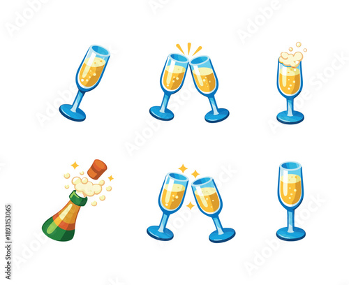 Champagne Celebration Icons. Champagne Toast. Isometric flat vector icons set of Champagne Toast: flute raised for toast, clinking champagne glasses concept,