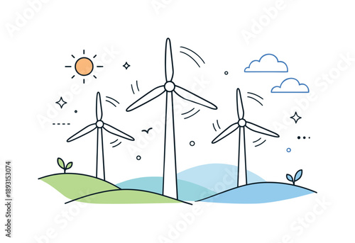 Wind Turbines Elegance. Renewable energy wind power. Modern wind turbines rotating smoothly, sense of motion and sustainable progress. Clean environment with