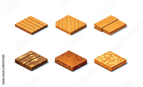 Wood Panel Icons. Wood Panels. Isometric flat vector icons set of Wood Panels: horizontal slatted panel, vertical board panel, tongue and groove panel,