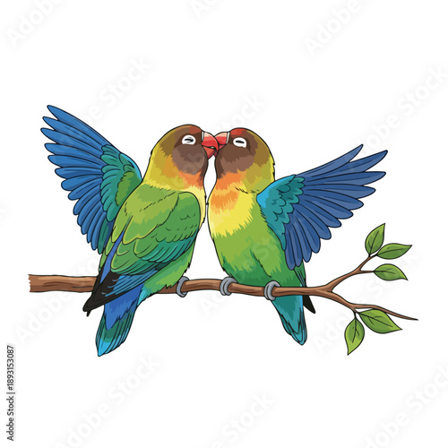 Lovebirds Perched on Branch Facing Each Other.