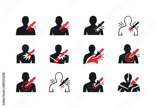 Stabbing Pain Icons. Stabbing pain. Icon set. Set Logo of Stabbing pain: human body silhouette with pain point. harmonious logo variations of the