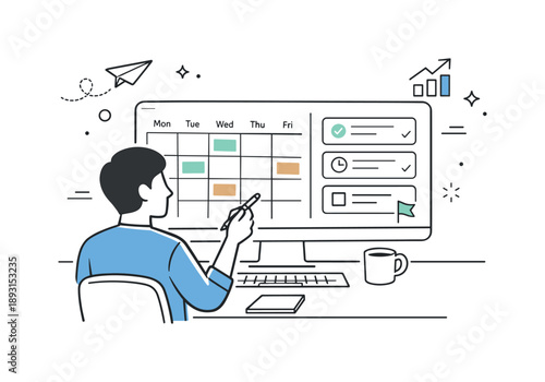 Minimalist Workspace Design. Modern workspace planning. Professional reviewing calendar and task cards on a screen, structured and thoughtful workflow. Minimal