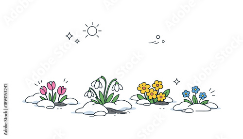 Spring Emergence. Snow-covered ground with blooming flowers illustration. Minimal patches of snow with small flowers breaking through, expressing the