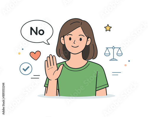 Calmly Saying No. Healthy boundaries in communication. A person calmly says no while maintaining a friendly expression. Self-respect, clarity, and emotional