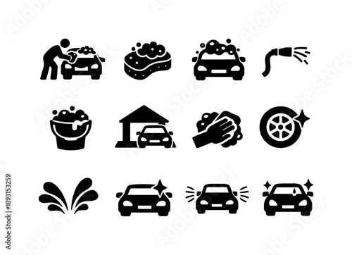 DIY Car Wash. DIY car washing. Solid icon set of DIY car washing: do it yourself car wash, sponge cleaning, foamy soap, hose rinse, bucket water, outdoor