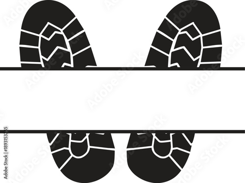 Black soles boot footprints silhouette with a white banner for custom message and outdoor adventure tracking design concepts