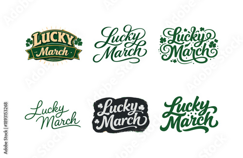 Lucky March Lettering. Lucky March. Set lettering. harmonious lettering variations of the same emblematic concept, each with different artistic interpretation