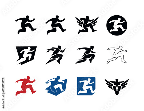Extreme Parkour Logos. Extreme parkour. Icon set. Set Logo of Extreme parkour: athlete mid-air leap. harmonious logo variations of the same emblematic concept,