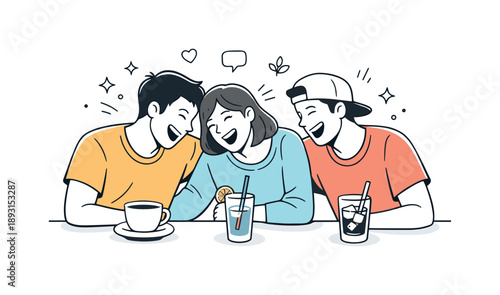 Cafe Friends' Laughter. Friends at cafe laughter. Friends leaning toward each other, laughing and enjoying the moment. Joyful emotions and natural human