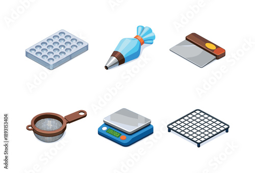Chocolate Tool Icons. Chocolate Tools. Isometric flat vector icons set of Chocolate Tools: polycarbonate chocolate mold, piping bag nozzle, chocolate scraper