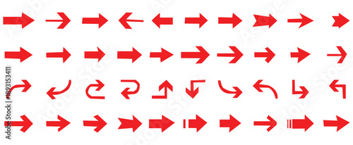 Collection of red arrows pointing in different directions on white background diverse set