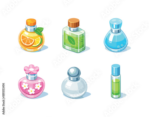 Fresh Perfume Icons. Fresh spring perfumes. Isometric flat vector icons set of Fresh spring perfumes: citrus fragrance bottle, green notes perfume bottle,