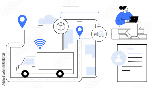 Logistics, supply chain, remote monitoring, shipping, technology, delivery management. A truck on a route, package tracking icons and a person working on a laptop. Logistics and supply chain