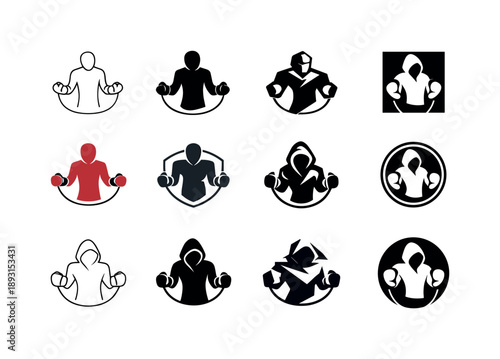 Boxing Fitness Icons. Boxing fitness workouts. Icon set. Set Logo of boxing fitness workouts: jump rope. harmonious logo variations of the same emblematic