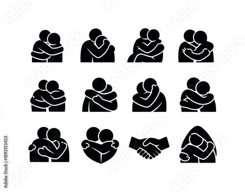 Comforting Embrace Icons. Comforting embrace. Solid icon set of comforting embrace: gentle hug, emotional comfort, caring support, close contact, sympathy hug,
