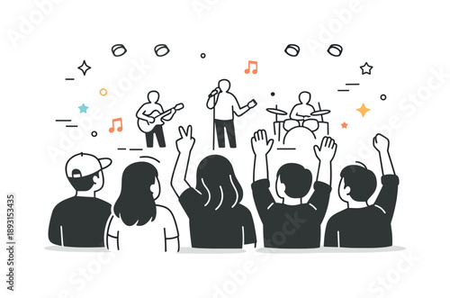 Live Music Energy. Concert audience. Crowd of people standing and listening to live music, calm silhouettes with raised hands and soft stage lights in the