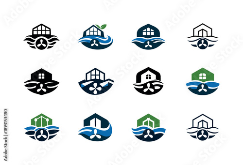 Urban Farming Logos. urban farming riptides. Icon set. Set Logo of urban farming riptides: tidal energy greenhouse. harmonious logo variations of the same