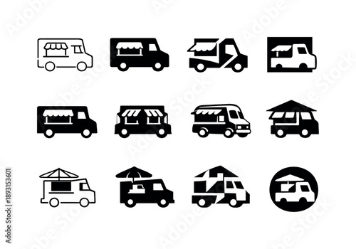 Street Food Logos. street food. Icon set. Set Logo of street food: food truck silhouette. harmonious logo variations of the same emblematic concept, each with