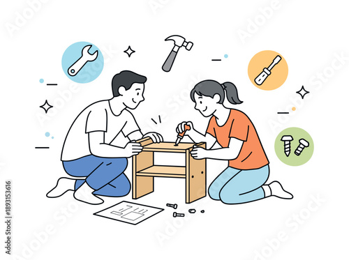 Couple Assembling Furniture. Couple decorating home. Partners assembling simple furniture together. Light domestic activity with friendly interaction and