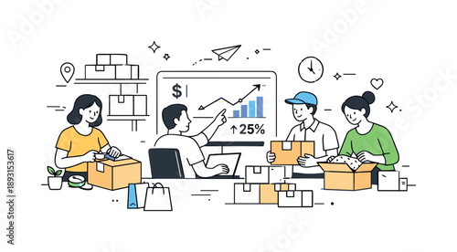 Online Shopping Efficiency. Online shopping business growth. A small team packing orders and reviewing sales metrics on screens, emphasizing steady progress.