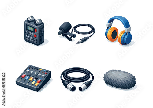 Isometric Sound Equipment Icons. Sound recording. Isometric flat vector icons set of sound recording: field recorder, lavalier microphone, headphones, audio