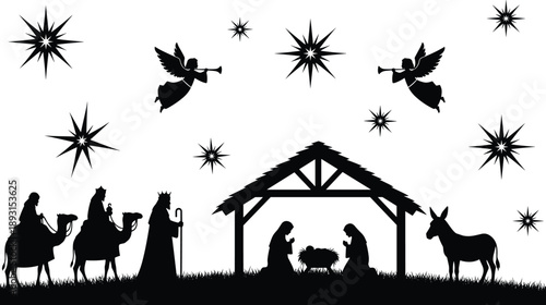 Flat vector nativity scene silhouette, baby Jesus in manger, Mary, Joseph, wise men, angels, Christmas religious illustration, black background