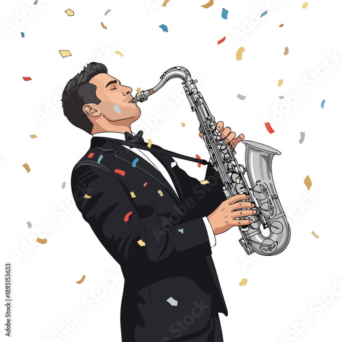Man Playing Saxophone in Tuxedo Suit.