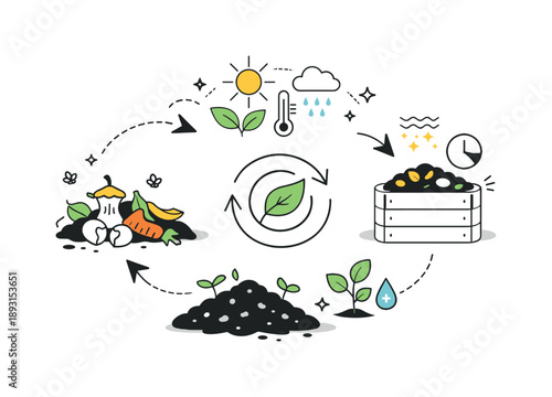 Composting Cycle Illustration. Advanced composting techniques. An abstract editorial scene with organic waste transforming into rich compost through arrows and