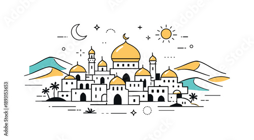 Fabled Desert Oasis. Fabled desert city. Golden domes, narrow streets, and abstract sand dunes surrounding the city. Calm adventurous and mythical feeling in a