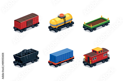 Freight Car Icon Set. Freight Cars. Isometric flat vector icons set of Freight Cars: boxcar model, tanker wagon, flatbed car, coal hopper wagon, container
