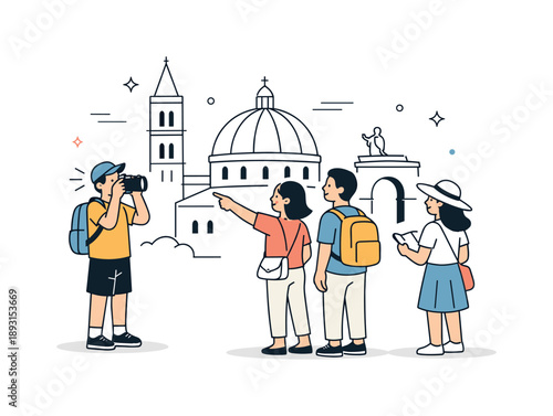 City Travel Snapshot. Travelers sightseeing city. A small group stopping near a landmark, one person taking photos while others observe. Relaxed tourist moment