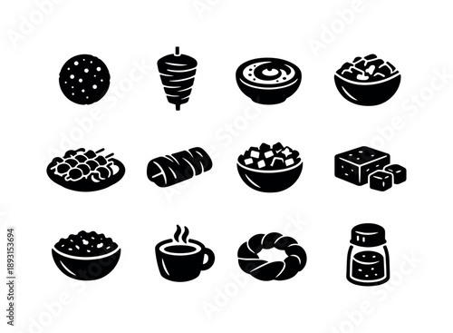Middle Eastern Food Icons. Middle Eastern street food. Solid icon set of Middle Eastern street food: falafel ball, shawarma cone, hummus bowl, pita pocket,