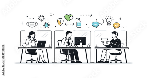 Modern Safe Office Design. Post-pandemic office design. Professionals working at spaced desks with transparent dividers, subtle abstract icons representing