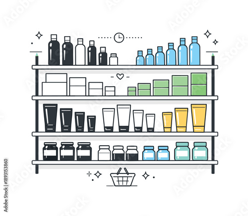 Modern Retail Organization. Organized retail shelving. Products are aligned by size and color on a store shelf, suggesting clarity and thoughtful
