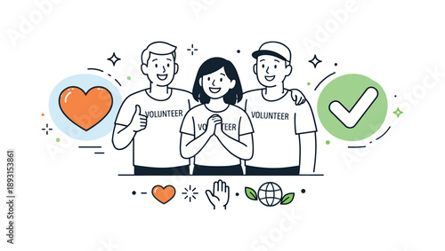 Volunteers' Unified Impact. Volunteering positive impact. Volunteers standing together with a heart or checkmark symbol highlighted nearby.