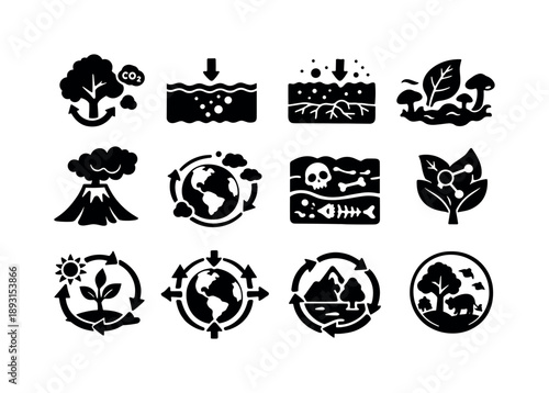 Nature's Carbon Cycle Icons. Carbon in nature. Solid icon set of Carbon in nature: tree absorbing CO2, ocean carbon sink, carbon in soil, natural