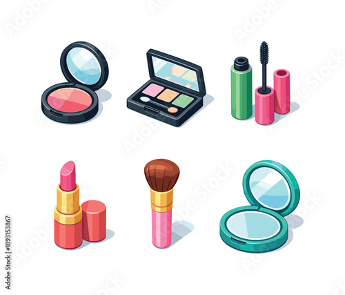 Spring Makeup Icons. Spring makeup essentials. Isometric flat vector icons set of Spring makeup essentials: blush compact, eyeshadow palette, mascara tube,