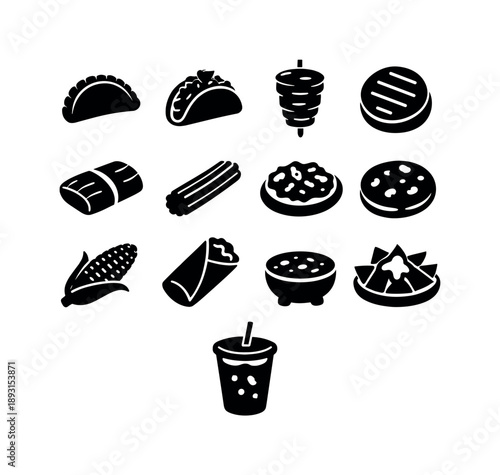 Latin Street Food Icons. Latin street food. Solid icon set of Latin street food: empanada, taco al pastor, arepa, tamale, churro stick, tostada, pupusa, elote